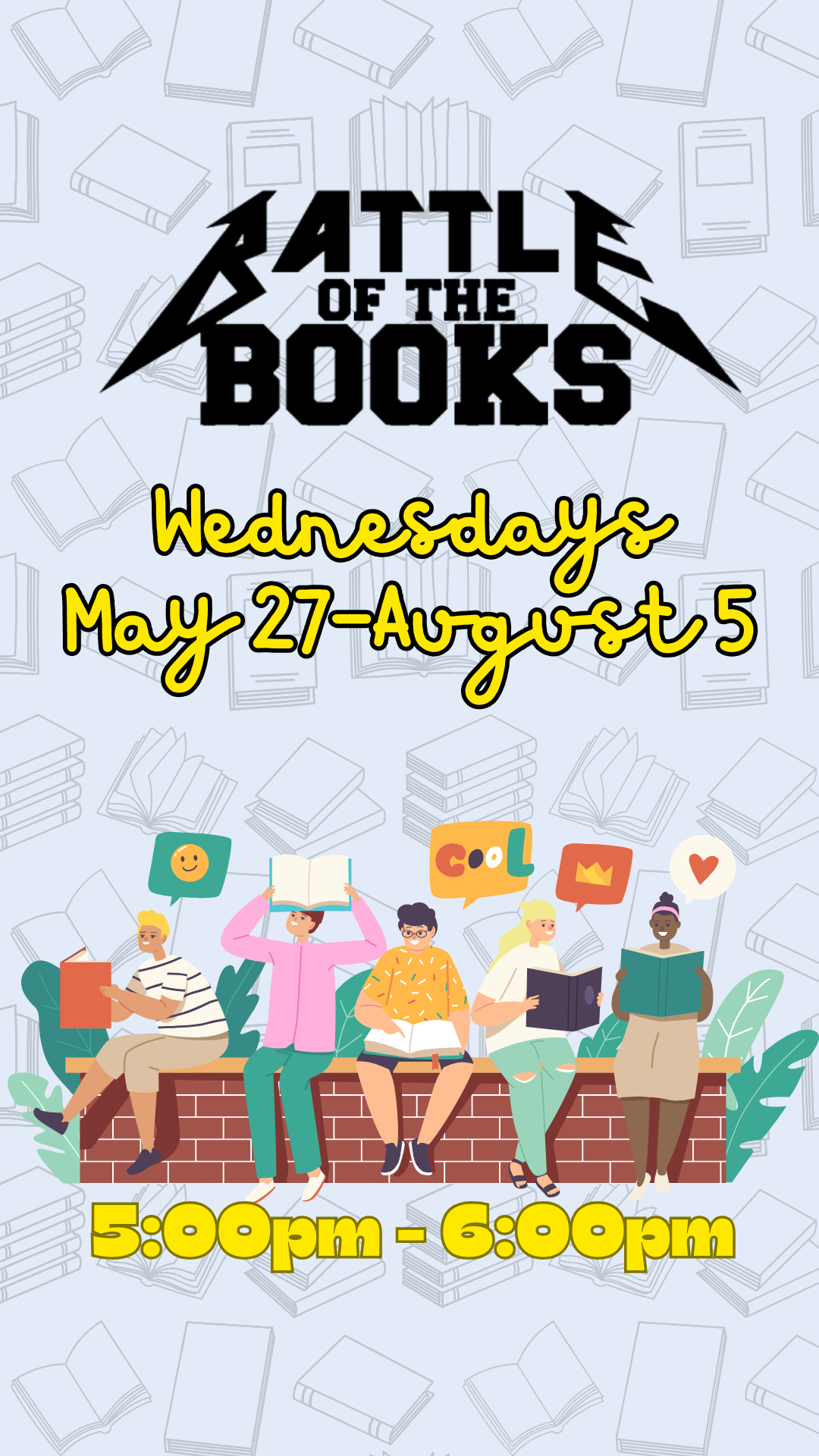 cartoon teens sitting on brick wall holding books and program details