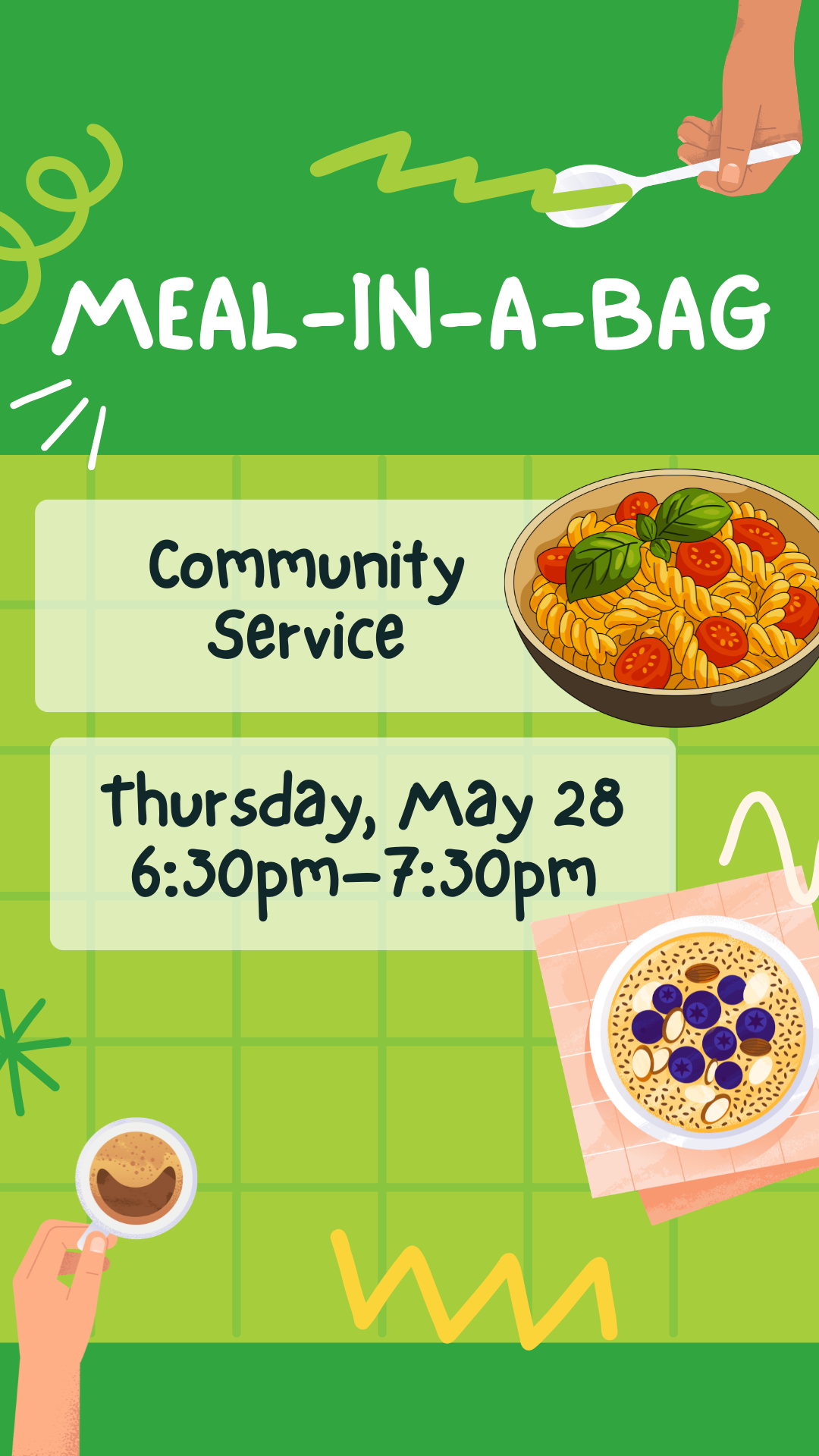 cartoon spaghetti and oatmeal in bowls with program details