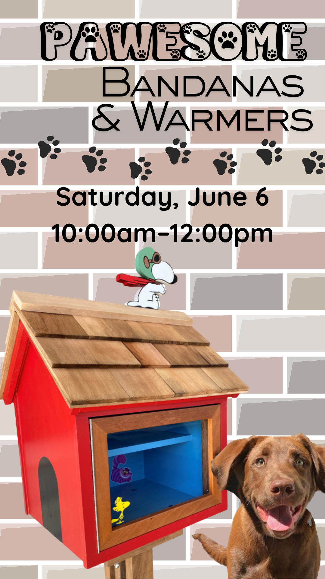 cartoon brick wall as background with red snoopy house pantry, real dog, and program details