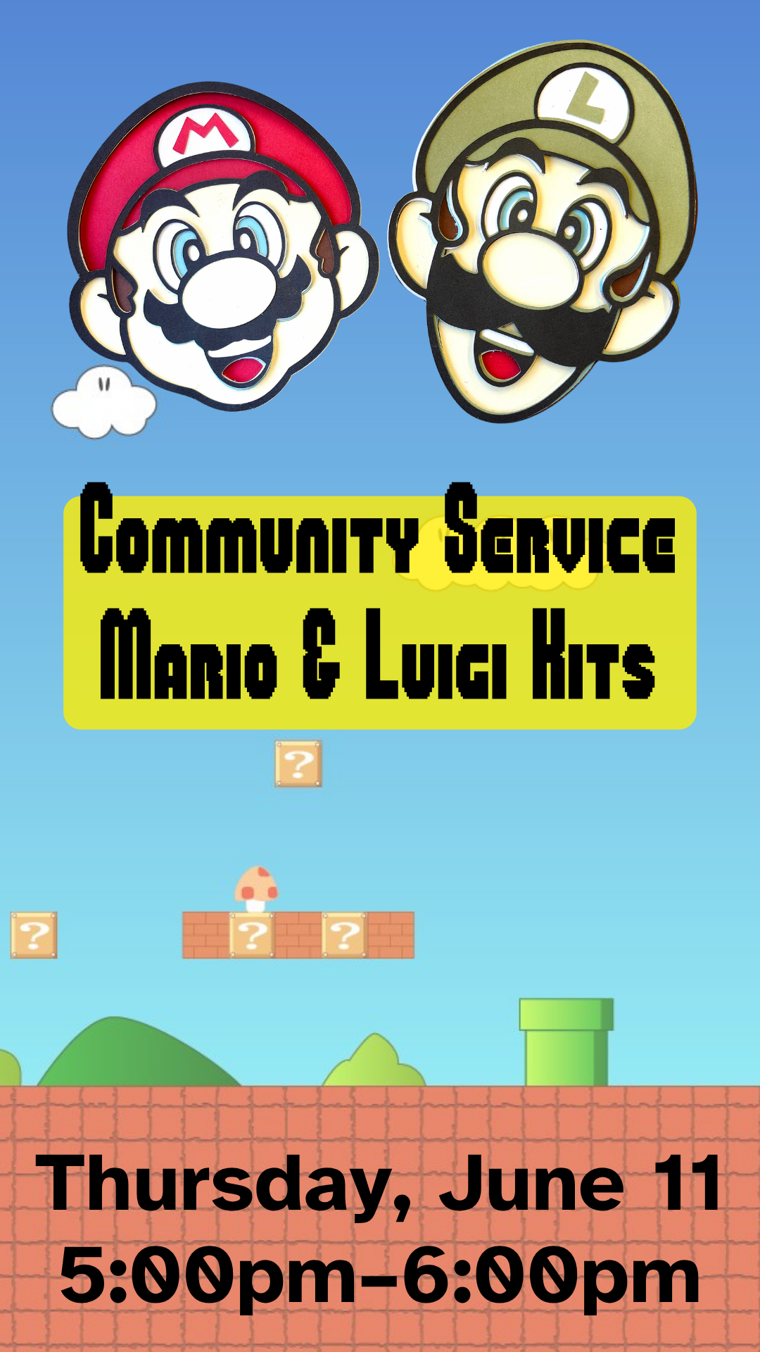 mario and luigi heads with a cartoon mario bros game background and program details