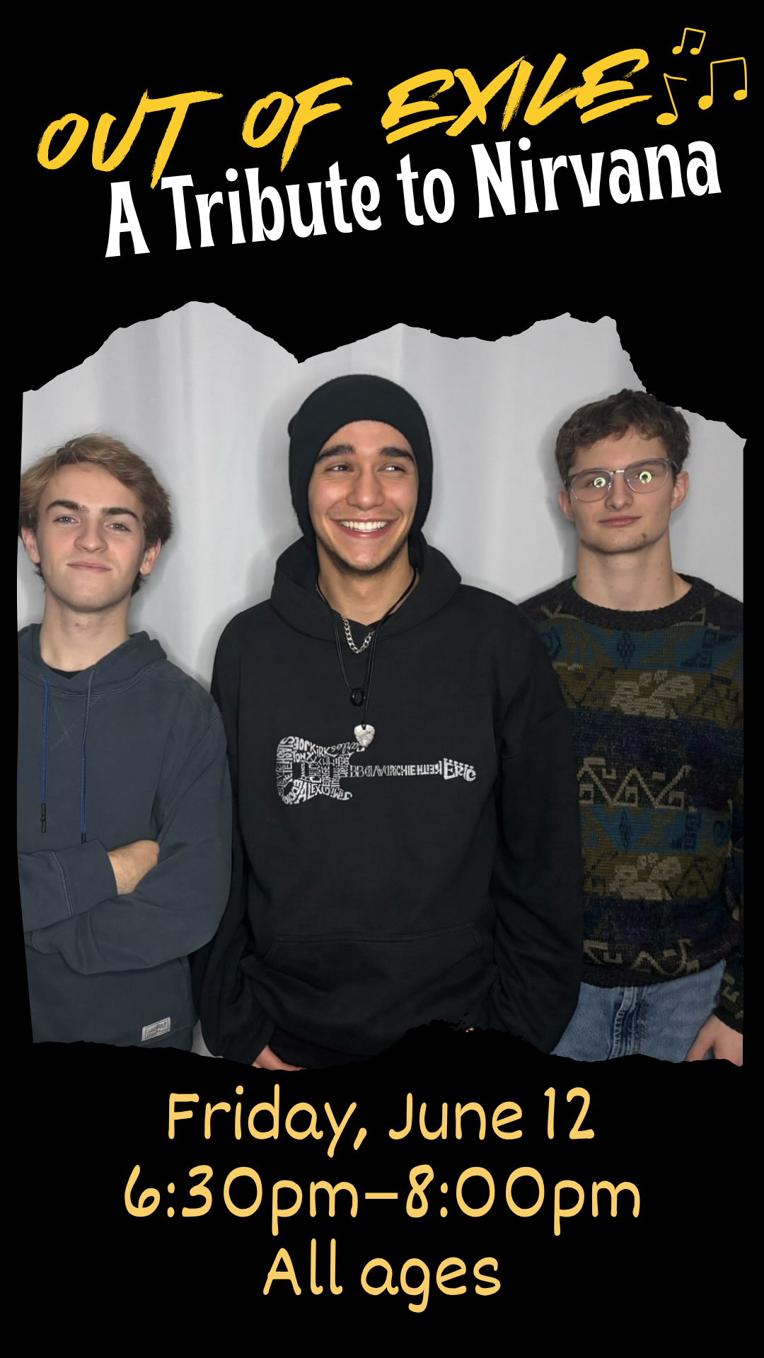 picture of the three band members (three young men) and program detail
