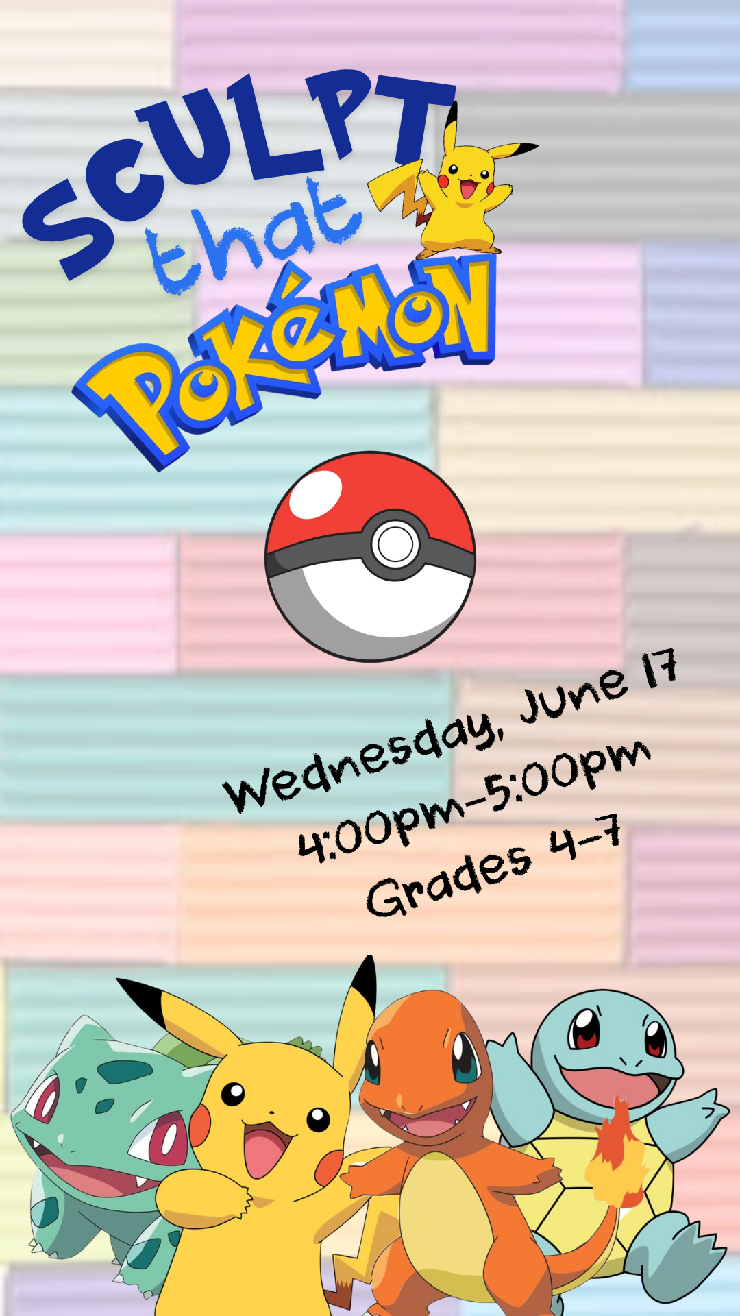 colorful clay background, 4 pokemon characters at the bottom, and program details
