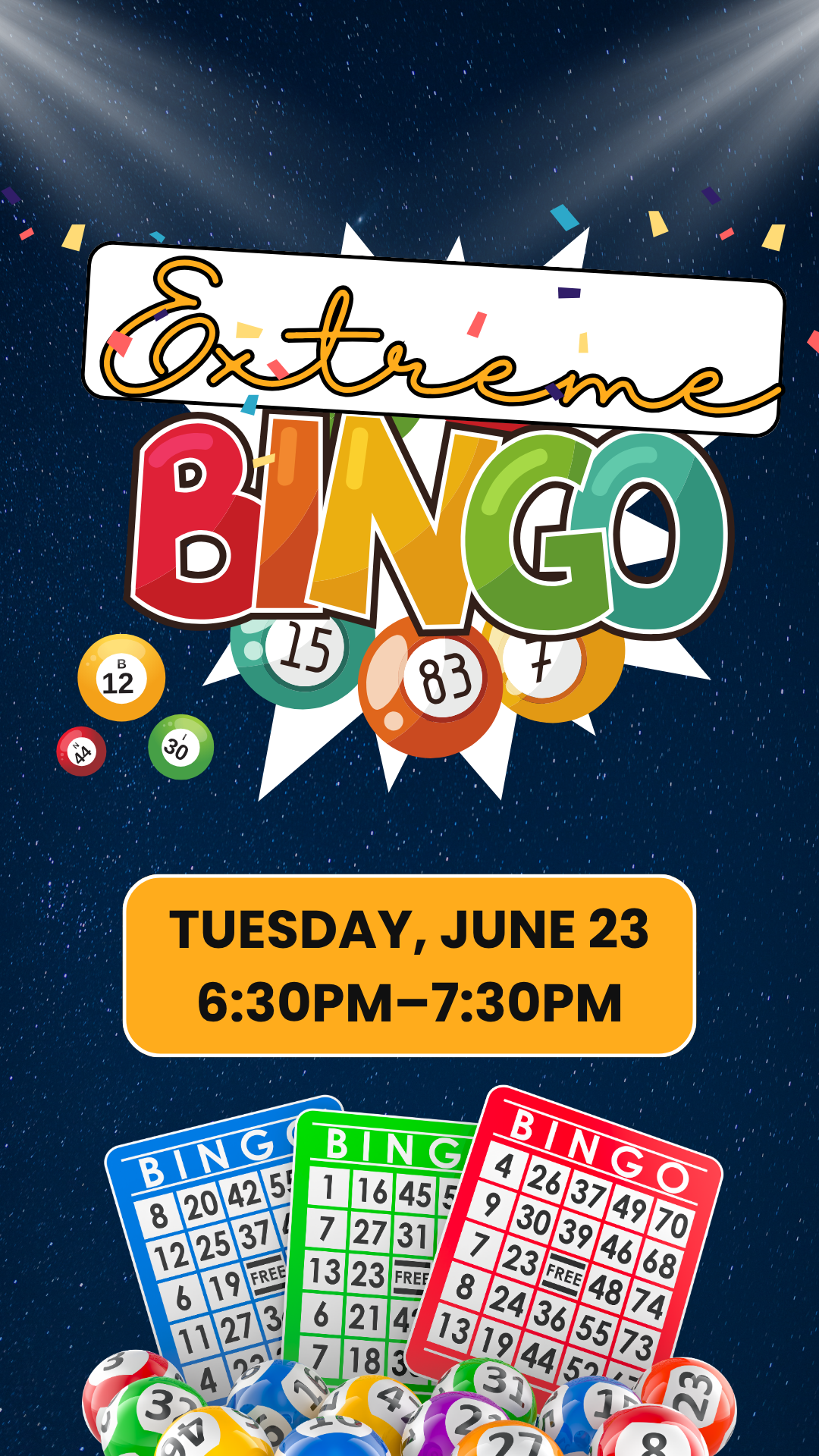black background with bingo boards and bingo balls, and program details