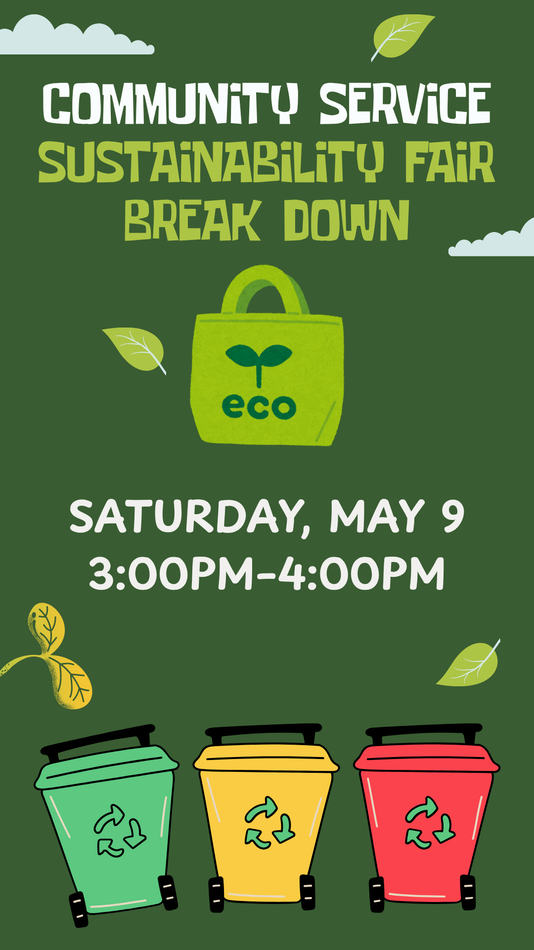 green background, clouds, 3 recycle cans, and program details