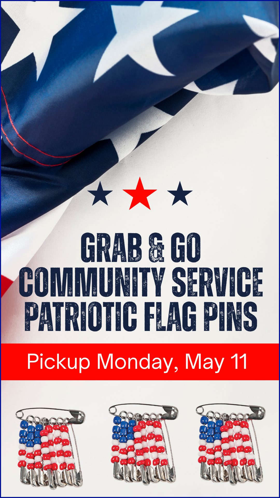 3 flag pins on a table with an american flag in the background and program details