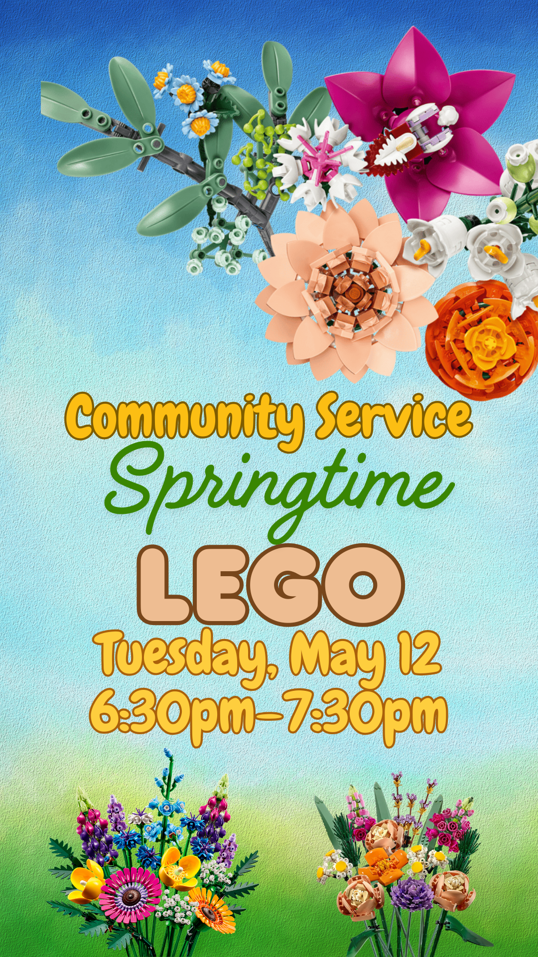 3 sets of lego flower bouquets with a sky background and program details