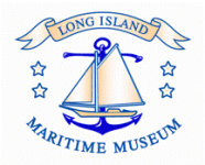 logo with an image of a sailboat and a nautical anchor with text that reads long island maritime museum